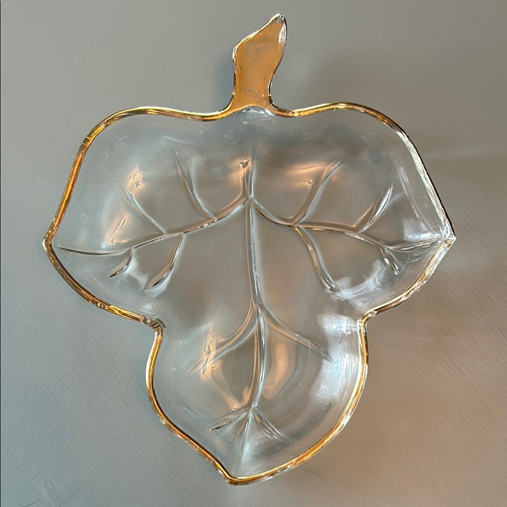 Gold-Trimmed Leaf-Shaped Glass Dish